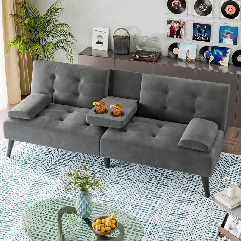 Canapé-lit futon convertible Aldiana, Velours gris foncé
