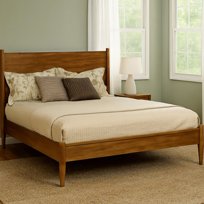 Mid - Century Modern King Platform Bed In Oak Finish, Round Tapered Legs, Construction, And Air Circulating Feature For Bedroom Solid Engineered Wood, Slatted Base