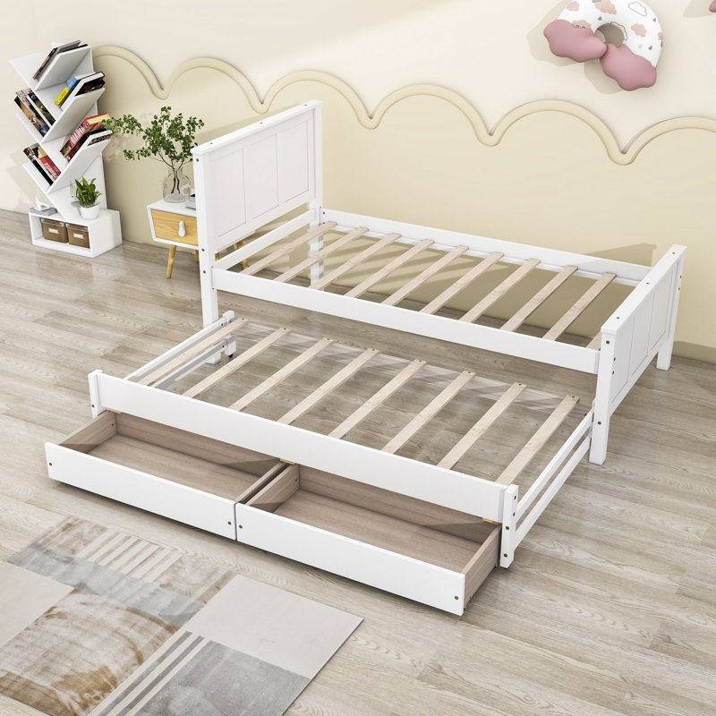 Kids Twin with Trundle with Drawers, White