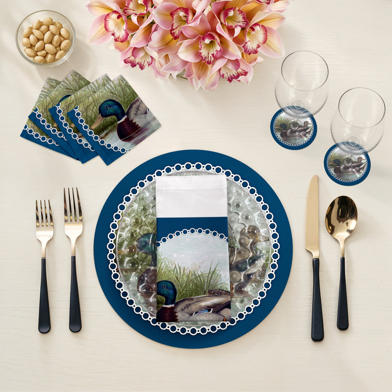  English Duck Pond Vegan Leather Round Pebble Placemat, Blue