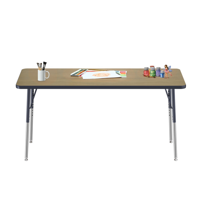 Rectangle T-Mould Adjustable Height Activity Table, 30" H x 60" L x 24" D, Pasadena Oak/Navy/Silver, Standard Swivel Glide