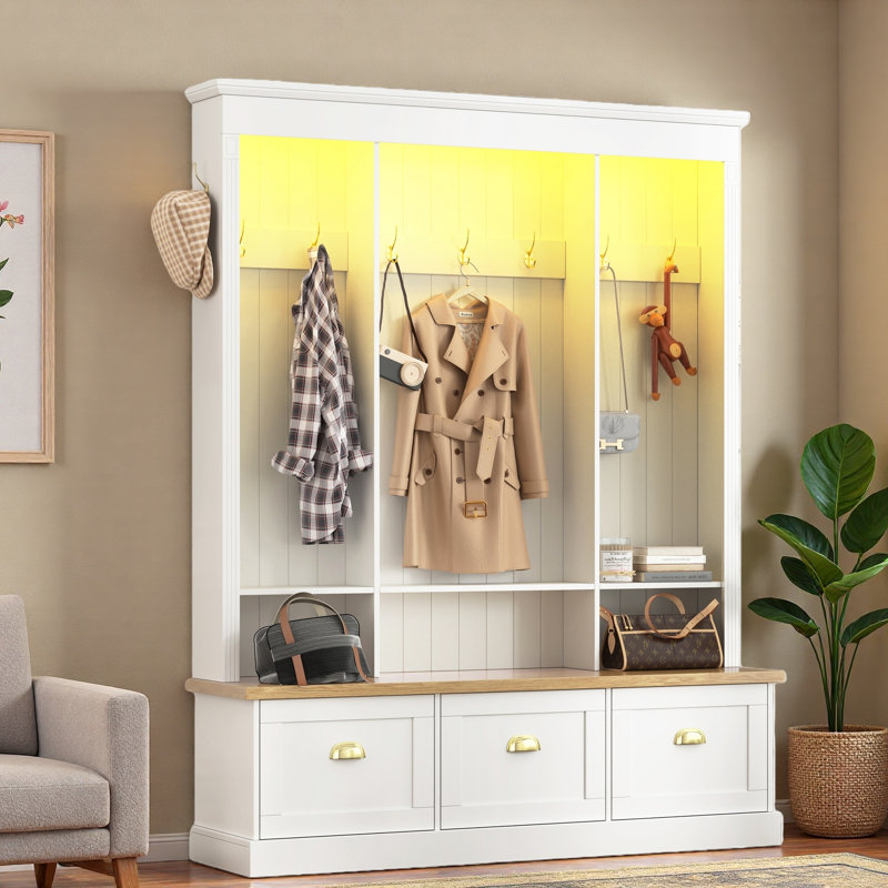 Elegant Hall Tree With App Controlled Led Light, 9 Hooks, Storage Bench, 3 Large Cabinets And Open Shelves, White