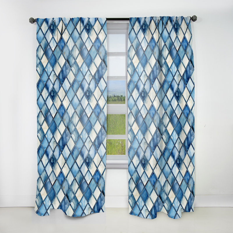 Rideau obscurcissant géométrique abstrait bleu rustique à motif de treillis - 1 panneaux, L 52 po x L 84 po