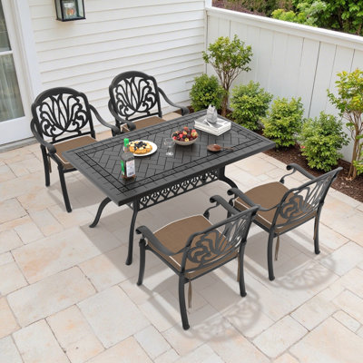 Ensemble de salle à manger d'extérieur en aluminium coulé avec coussins bruns 59,06 po x l 35,43 po