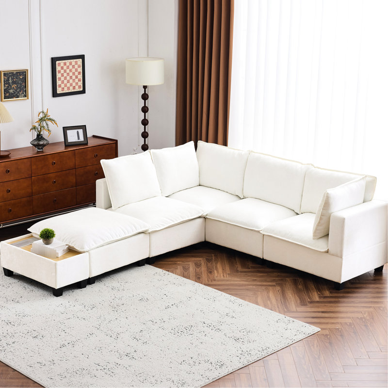 U-shaped Modular With Movable & Functional Coffee Table, White - Hidden Charging Component, Comfortable Padding Space, Material Assurance 90" Sectional And Multi-purpose Concealed Interface, Padded
