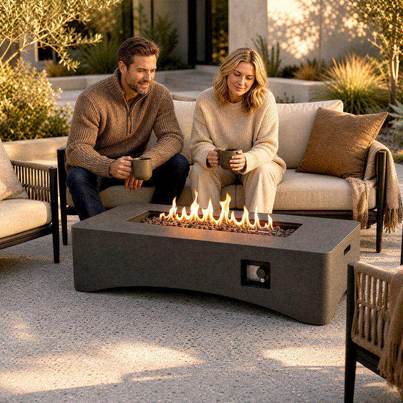 Table de foyer rectangulaire au propane de 142 cm (56 po), 50 000 BTU, avec rangement dissimulé pour la bouteille de gaz, design léger de style béton pour patio, terrasse et jardin, pierres de lave et housse incluses