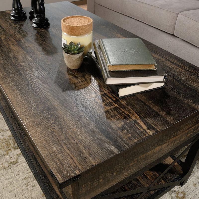 Table basse à plateau relevable brun avec finition chêne, conception rectangulaire, espace de rangement secret, structure en métal thermolaqué, tablette ouverte pour plus d'espace, divertissement à domicile et bureau