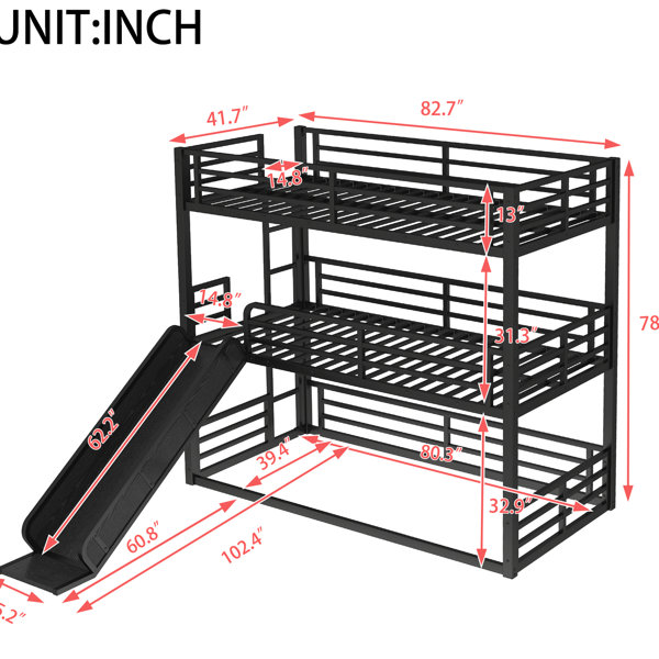 Brayden Studio Black Metal Triple Bunk Bed With Slide For Queen Beds ...