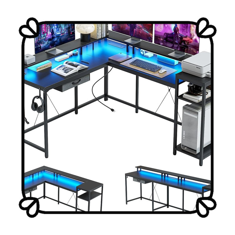 Bureau de jeu 68 po avec prise de courant, bureau en L réversible avec support pour moniteur et tablettes de rangement