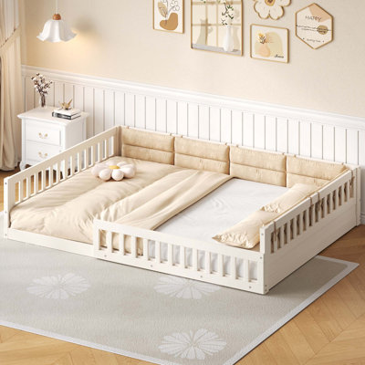 Wood Upholstered Platform Bed With Guardrail And Pillow