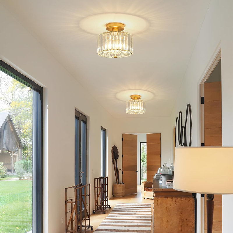 Modern Crystal Flush Mount Chandelier, Mini Ceiling Light Fixture With K9 Crystals, Entryway Lighting For Kitchen Hallway Laundry Room, 1-Light E26 Base