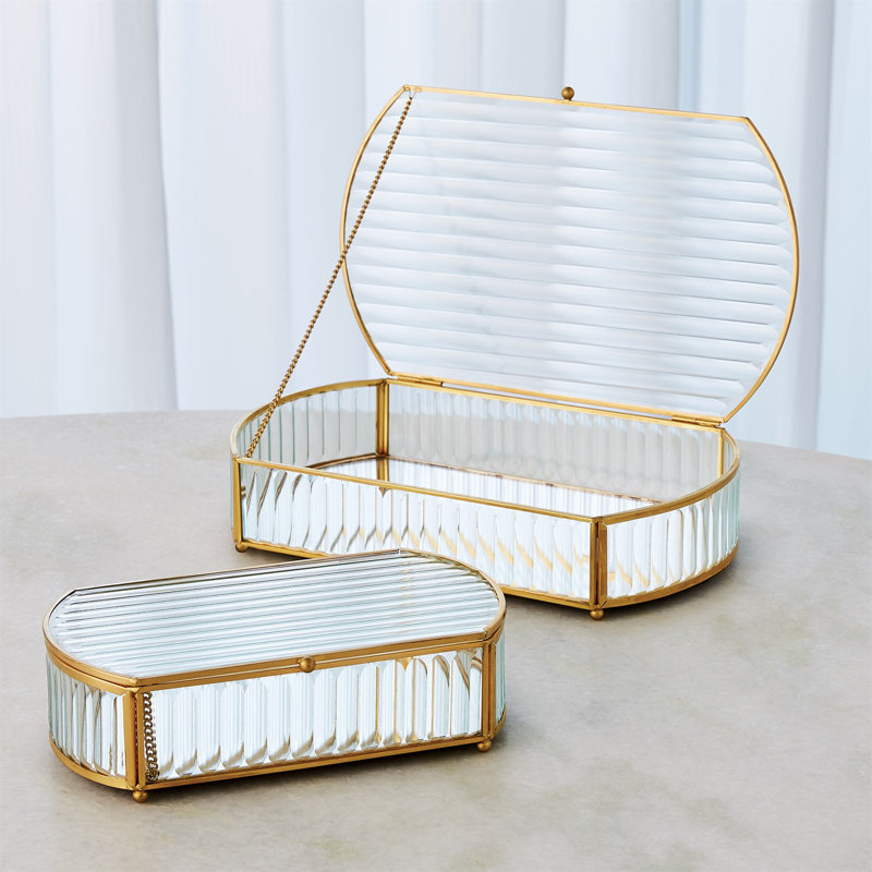 Reeded Glass Oval Box, 2.75" H x 12" W x 7.5" D