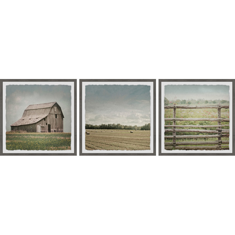 « grange field triptyque », ensemble de 3 reproductions de photos encadrées, H 18 po x l 18 po x L 1,5 po