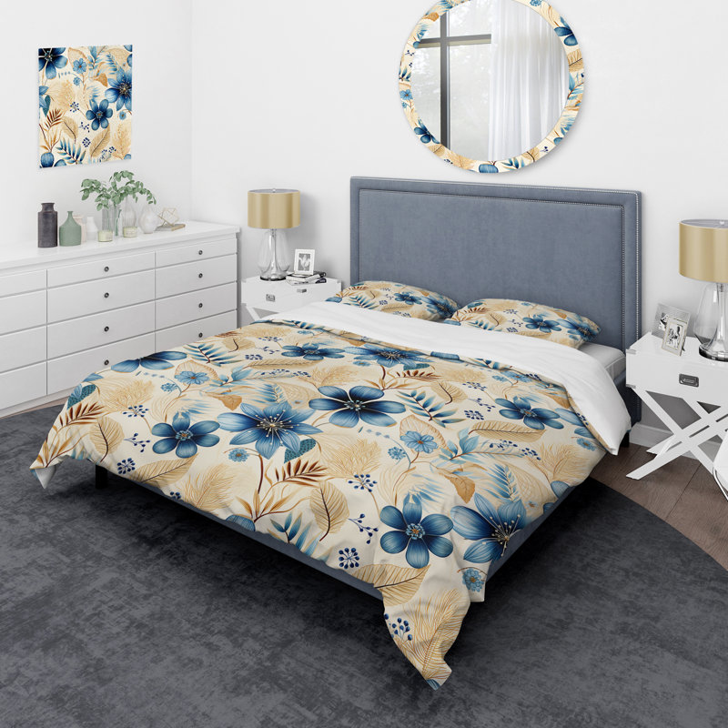 Ensemble de housse de couette Boho White Blue Hibiscus Flowers I, Housse de couette pour grand lit et 2 taies décor