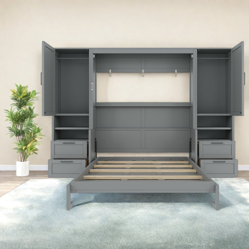 Grands lits escamotables avec rangement, panneau de fibres à densité moyenne, chambre d'amis gris moderne