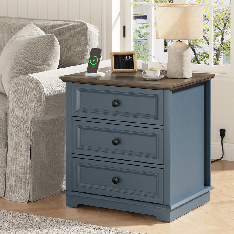 Beattie 3-Drawer End Tables with Storage and Built-in Outlets,Side Table for Living Room,Bedroom,Office, Blue/Walnut