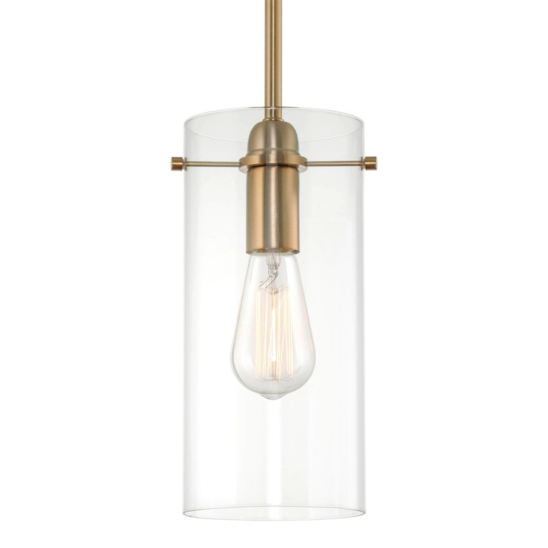 Luminaire suspendu minimaliste moderne 11 po Long Bay Tides Suisun + abat-jour cylindrique en verre transparent, hauteur réglable, finition laiton froid