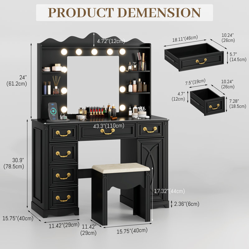 Ensemble de coiffeuse à 6 tiroirs avec miroir DEL et prises électriques, Noir