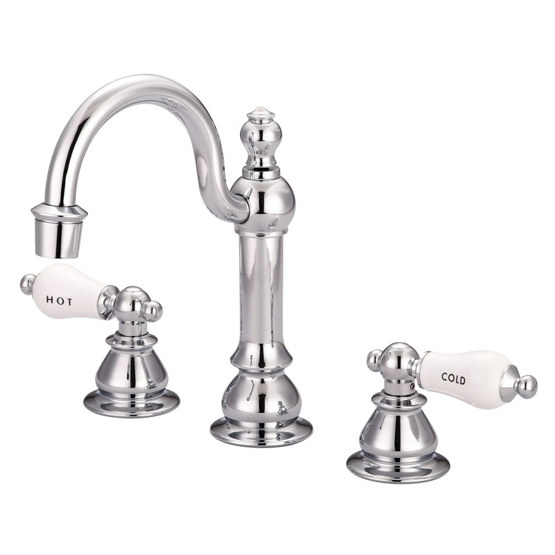 High Arc Torch Widespread Bathroom Faucet with Drain Assembly, Porcelain Lever (Labeled), Chrome