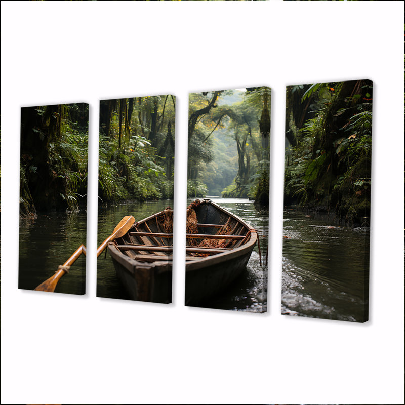 Dinghy In Amazon Jungle River - Ensemble de 4 décorations murales Jungle, H 28 po x l 48 po