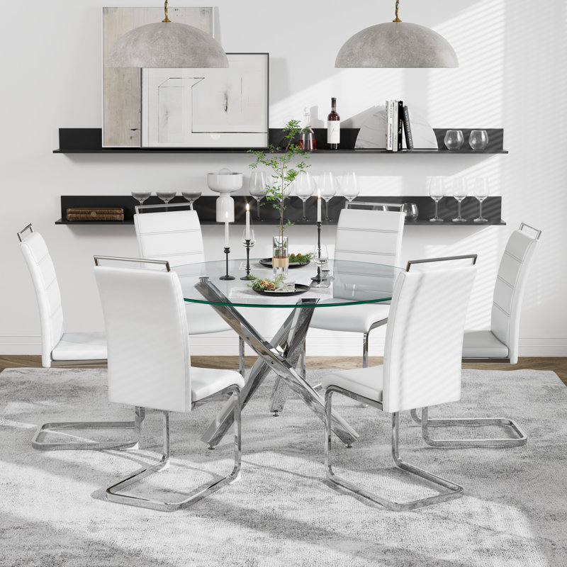 Ensemble de salle à manger 7 pièces, table de salle à manger ronde avec verre trempé et 6 chaises rembourrées, Blanc, Silver