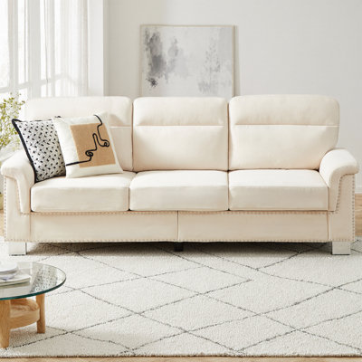 84.2" Modern Compressed Sofa Upholstered Soft Snowfleece Fabric 3-Seater Couch, High-Density Foam & Spring Seat, Rolled Arms with Nailhead Trim for Living Room & Office
