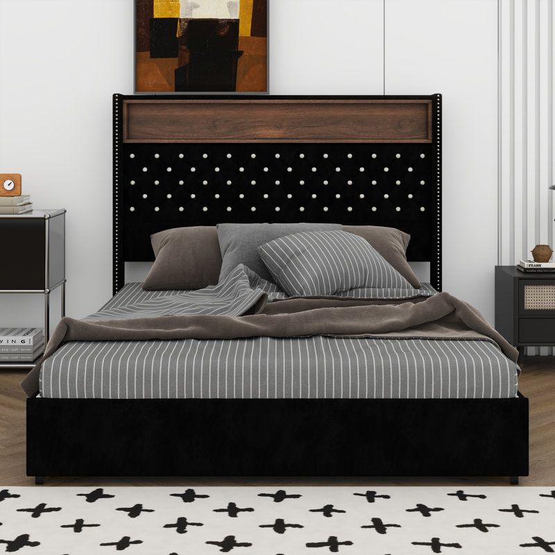 Lit pour grand lit avec port USB et veilleuse, lit plateforme à oreilles avec tablette de tête de lit, lit moelleux capitonné en velours