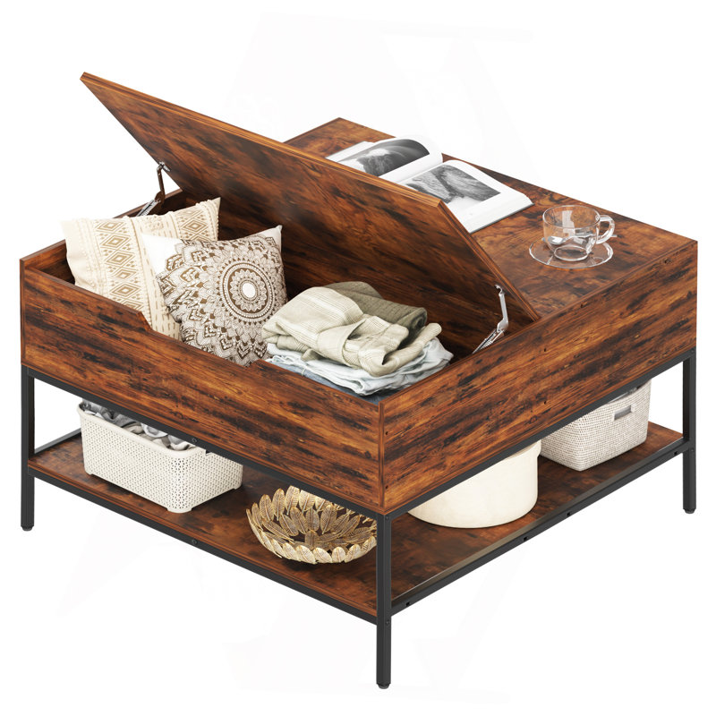 Flip-Top Coffee Table With Storage - Dark Walnut & Black Metal - 31.5" Lift-Top Design W/Hidden Compartment - Easy Assembly Living Room Table
