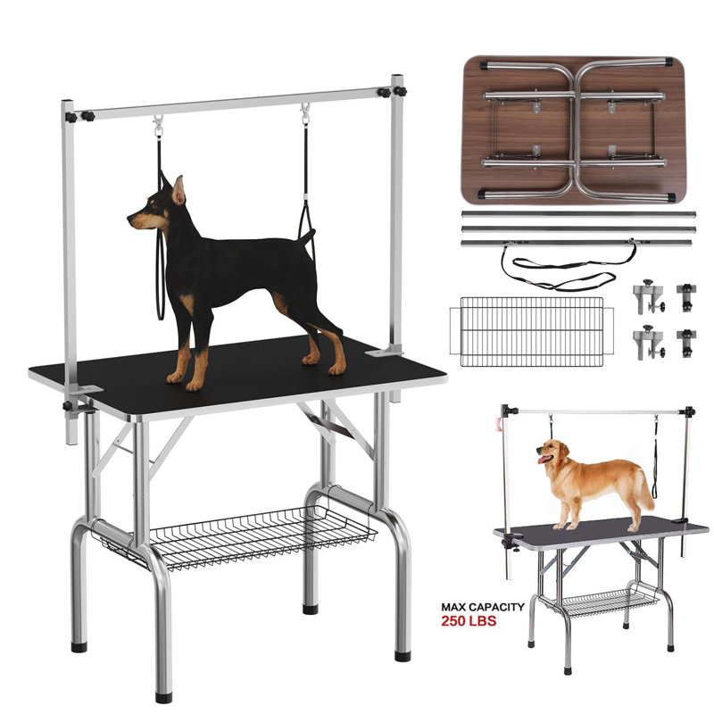 91.4cm Foldable Pet Dog Grooming Table With Basket Shelf And Adjustable Arm
