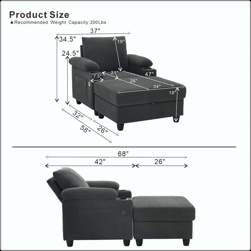 Fauteuil d'appoint convertible avec repose-pieds, porte-gobelets, ports USB et dossier inclinable, Tissu gris foncé