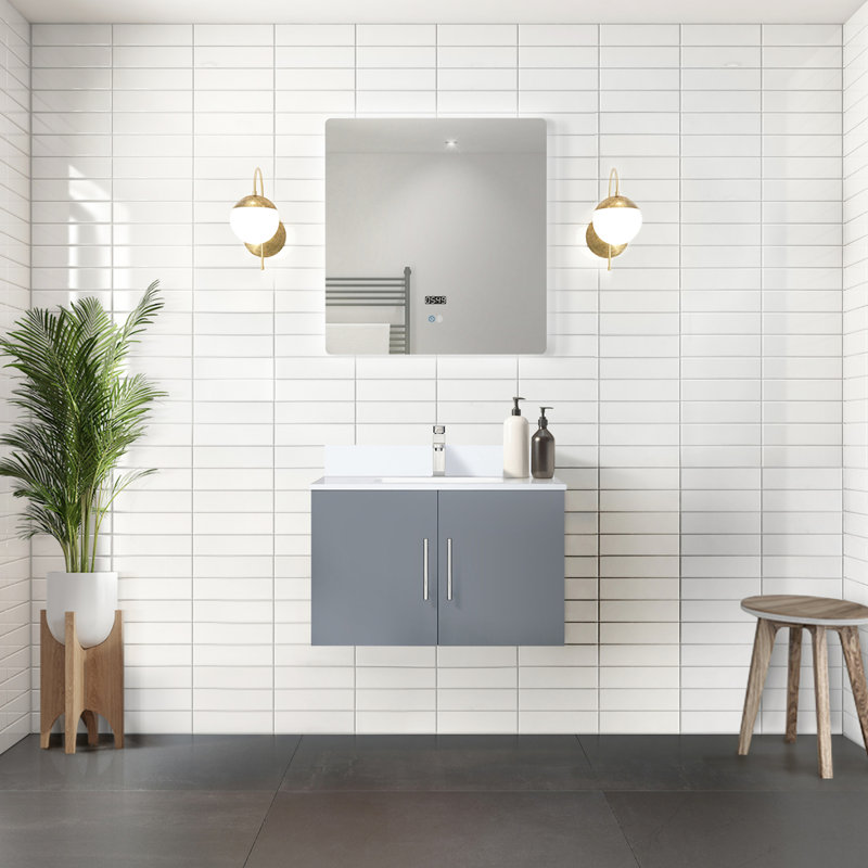 30 po Miroir à DEL et meuble-lavabo gris foncé avec quartz, robinet - installation de salle de bain pratique et comptoir en quartz