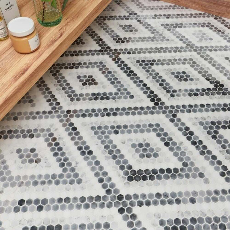 Juno 1" Diamond Hexagon Polished Marble Mosaic, Gray/White