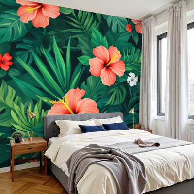 Peel and Stick Wallpaper Tropical Hibiscus Flowers Green Leaves Vibrant Colors Wall Murals 100"H x 144"W Removable PVC Wall Paper Self-Adhesive Wall Paintings Art Decor for Bedroom Living Room