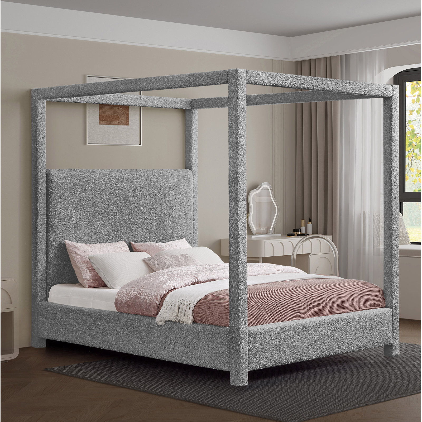 Eucalyptus Canopy Bed, Queen, Grey Boucle Fabric