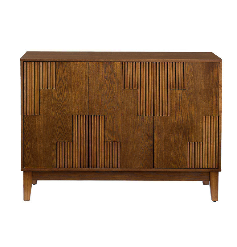 Buffet 44,3 po de style Mid-Century moderne avec rangement, buffet de style campagnard avec patchwork à rayures verticales et tablettes réglables, meuble télé pour le salon, la cuisine, l'entrée de la salle à manger, noyer
