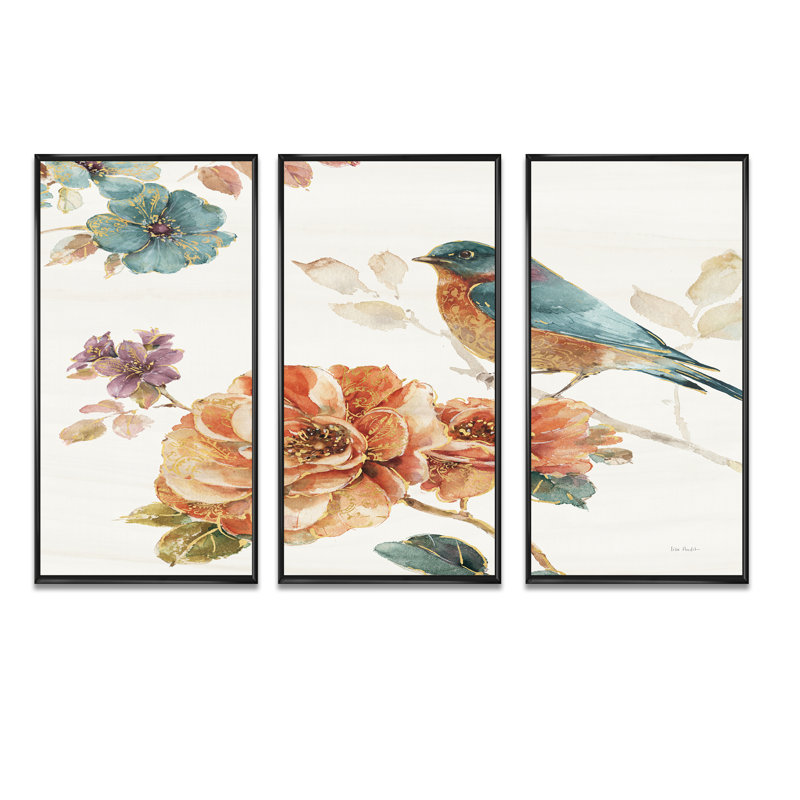 Oiseau de maison de campagne sur une brindille de fleur d'oranger - ensemble d'art mural sur toile encadré maison de campagne