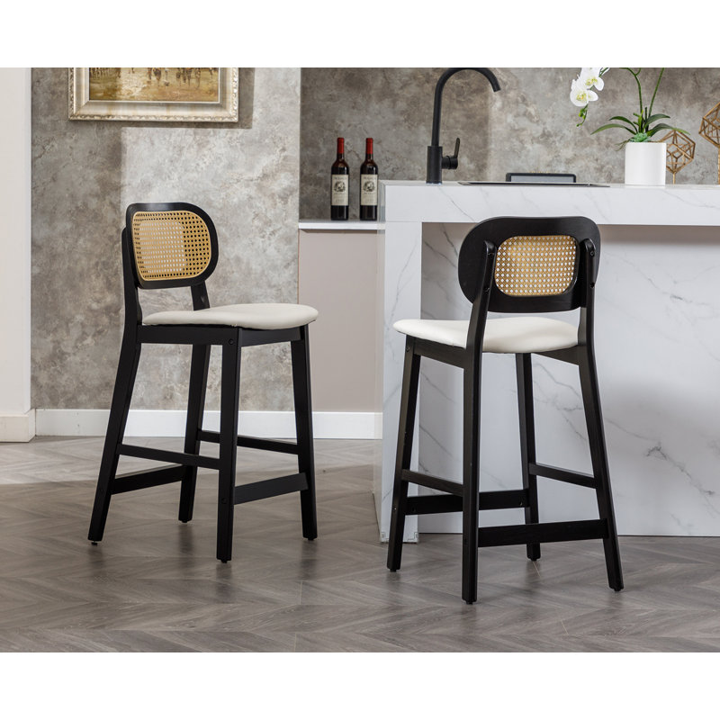 Azarah Solid Wood 25.5'' Counter Stool, Black, Faux Leather-White