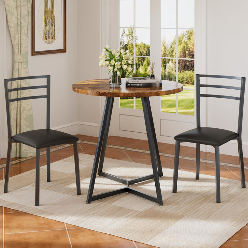 Ensemble de coin-repas en bois 3 pièces pour 2 avec chaises rembourrées et structure en acier, Noir, Brun, Noir