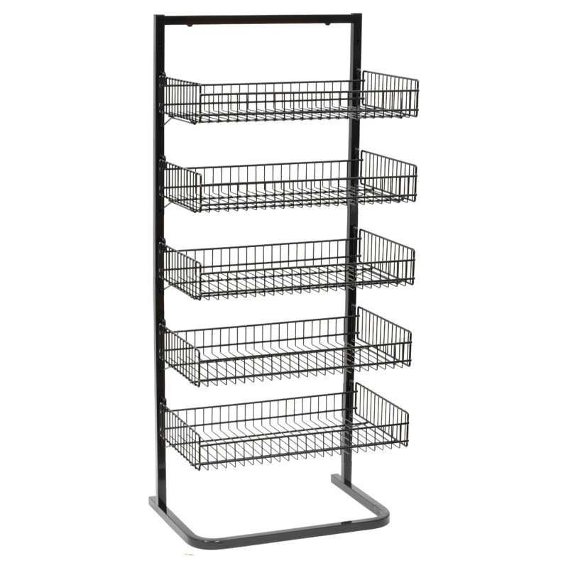 56" H X 24" W - 5-Basket Black Metal Wire Floor Merchandiser Display Rack