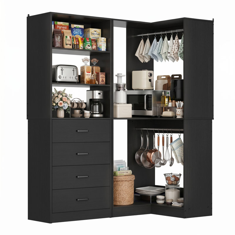 Armoire de rangement d'angle pour garde-manger de coin avec 4 tiroirs, tablettes ouvertes et tringles de suspension, système d'organisation de nourriture modulaire 2 pièces