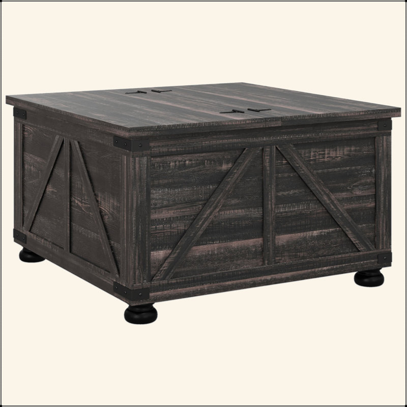 Table basse de style campagnard, table basse carrée avec rangement pour le salon, table centrale avec plateau relevable articulé et espace caché, brun vieilli