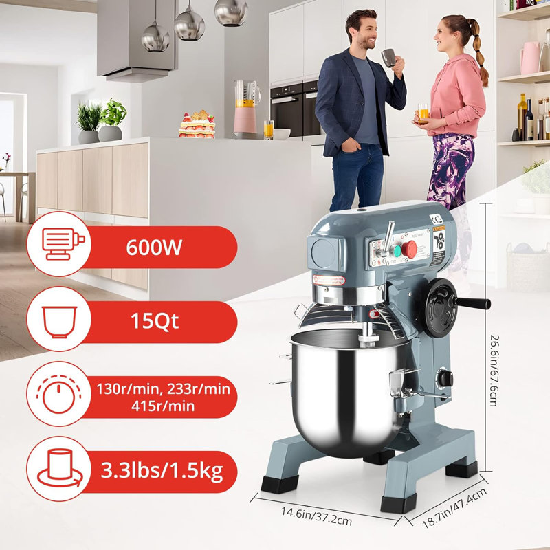Mélangeur commercial Fashionwu 15QT 600W 3 vitesses avec crochets en acier inoxydable pour bol US