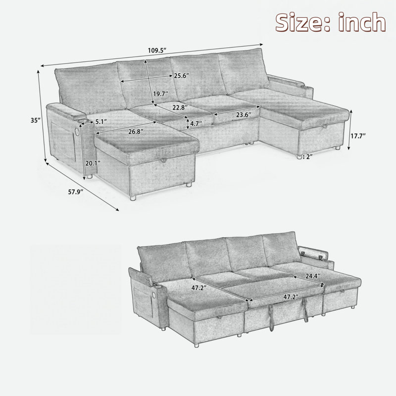 Convertible U-shaped Sectional Sofa With Storage Chaise Lounges, Cup Holders, Usb Ports, Storage Boxes And Pockets