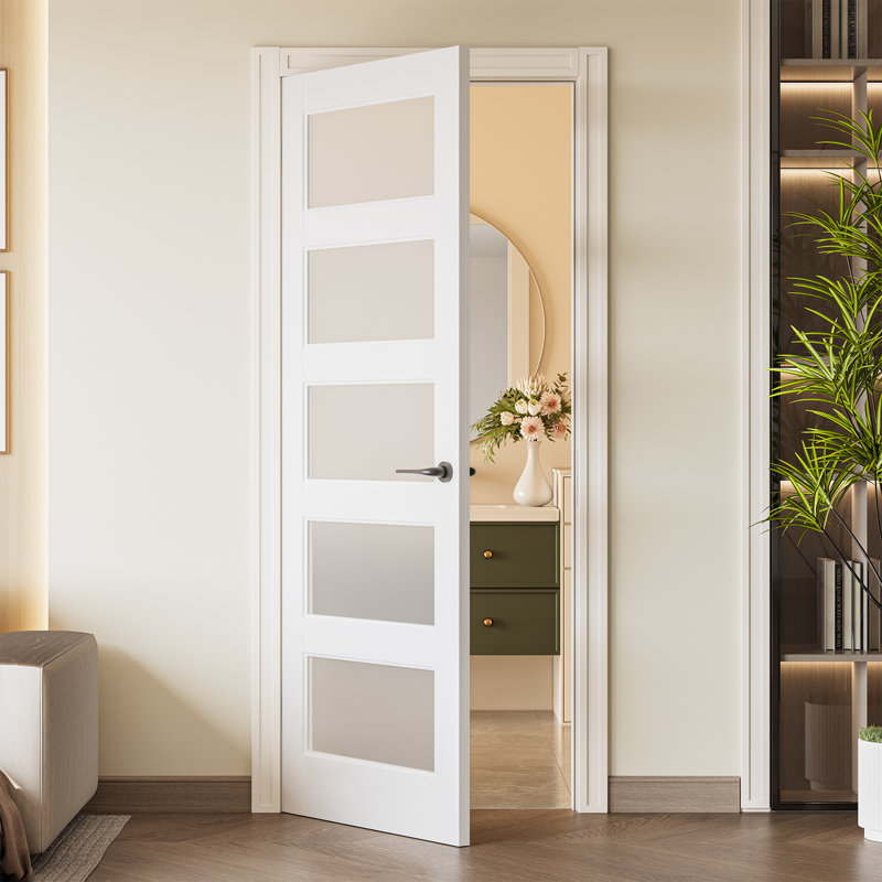 80" Primed 5-Lite Frosted Glass Solid Wood Slab Door Without Hardware Kit, 36" x 80"