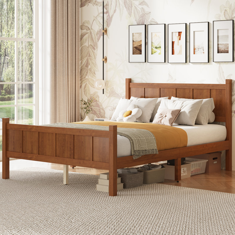 Farmhouse Bed Frame with Headboard and Footboard, Wood Platform Bed with Tall Legs and Underbed Storage, No Box Spring Needed, Walnut, Full