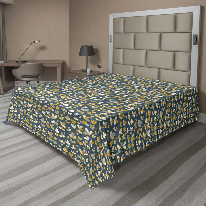 Ambesonne Floral Top Flat Sheet Flowers Leaves Vintage Art, Earth Yellow Slate Blue Floral, Full Flat Sheet