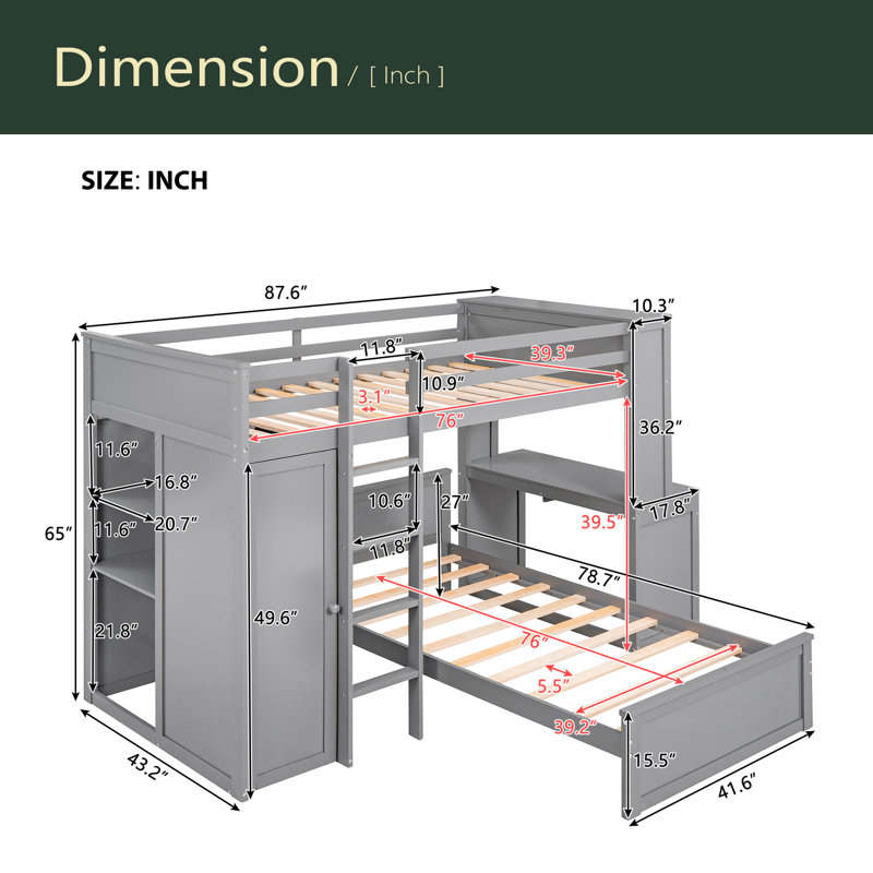 Lit mezzanine simple avec lit autonome, tablettes, bureau et garde-robe, Gris