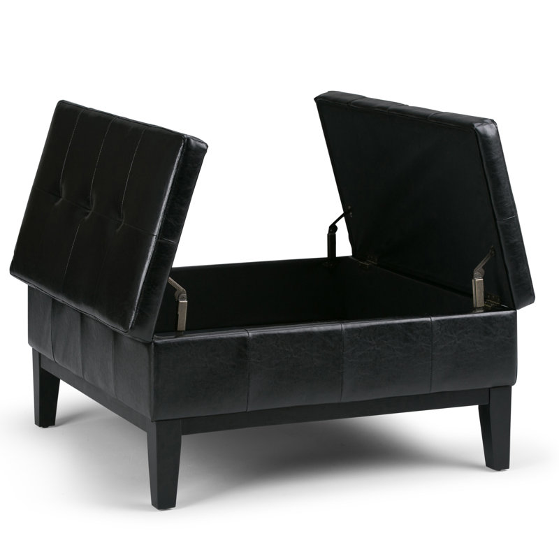 Midnight Black Tufted Faux Leather Cocktail Storage Ottoman