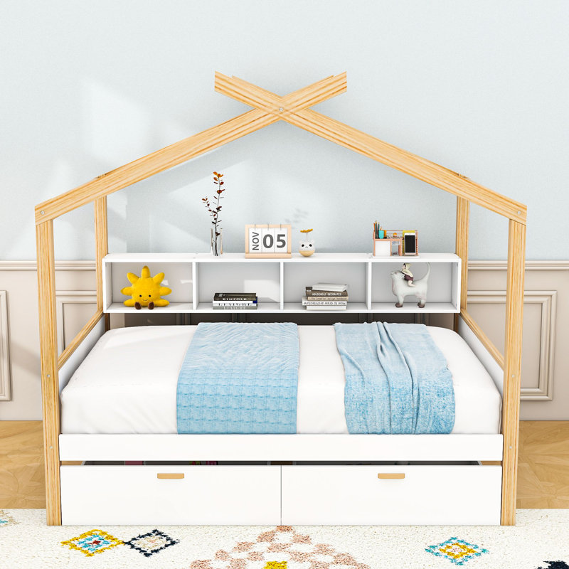 Lit en bois en forme de maison avec tablette intégrée et tiroirs de rangement sous le lit, Double
