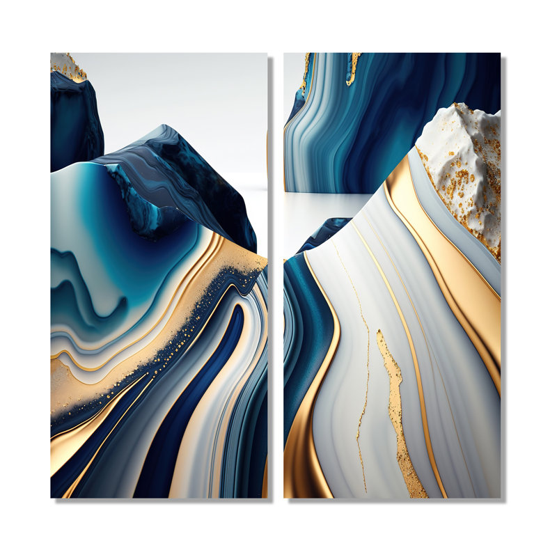 Abstrait géométrique vagues bleues et dorées I - art mural bleu 2 pièces, H 40 po x l 40 po, Toile tendue, Ne s’applique pas